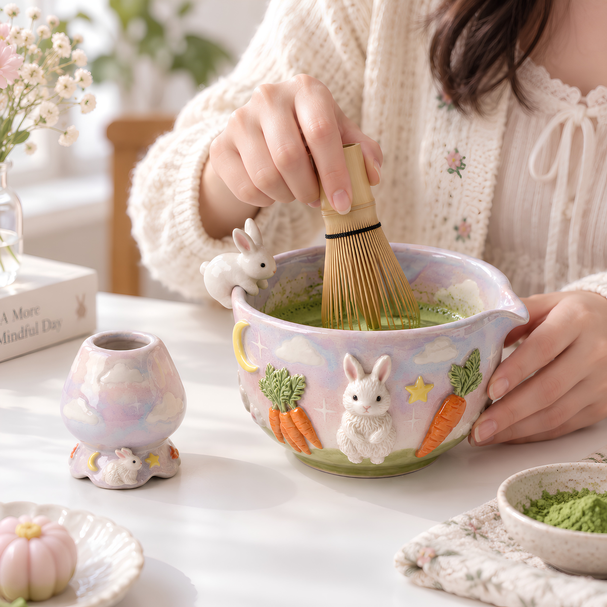 Bunny Carrot Matcha Bowl Set - Spouted Chawan and Whisk Holder, Handmade Ceramic Tea Set, Kawaii Gift for Rabbit & Matcha Lovers