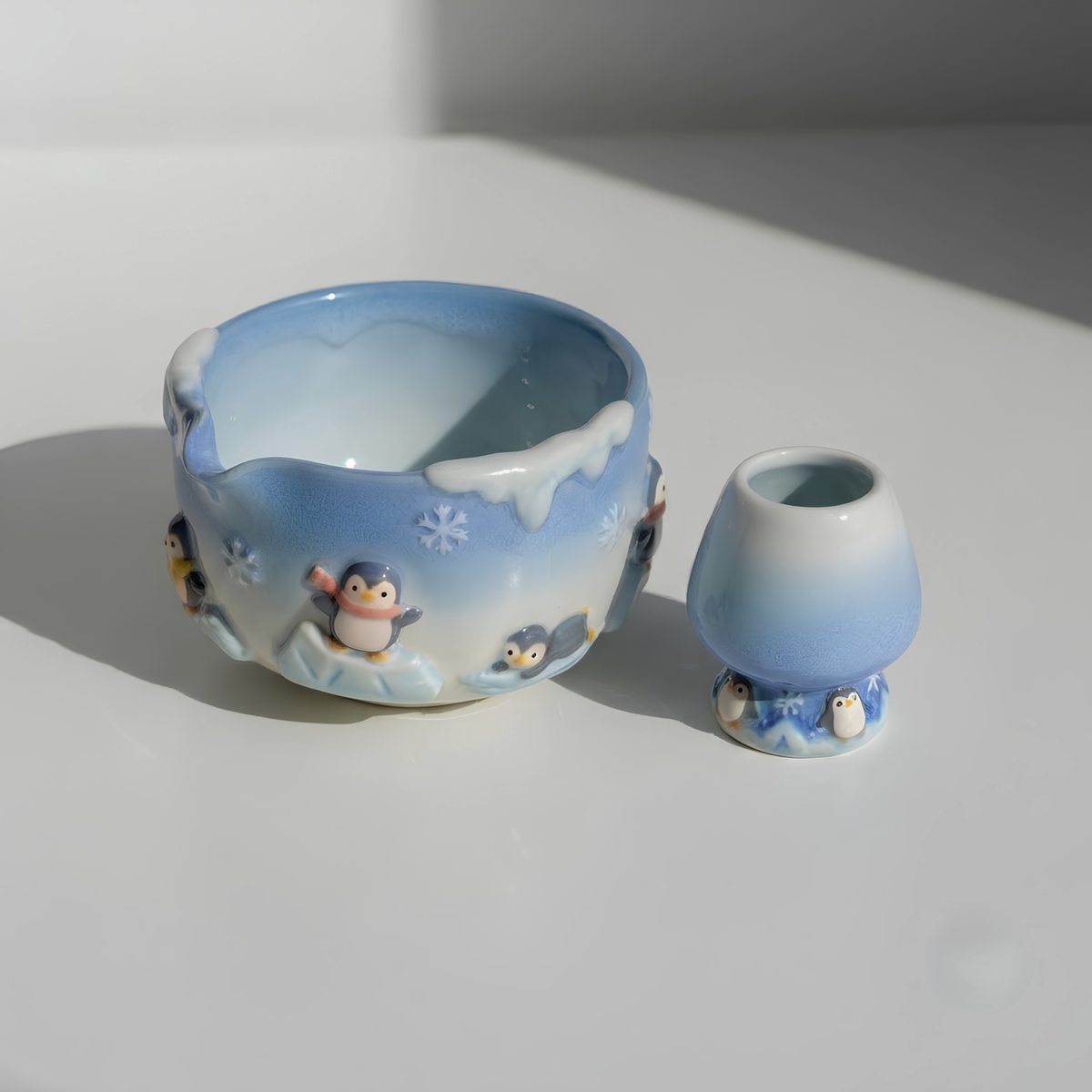 Penguin Matcha Bowl Set, Handmade Ceramic Chawan with Whisk Holder, Cute Winter Matcha Set, Arctic Penguin Gift, Matcha Lover Gift | LA051