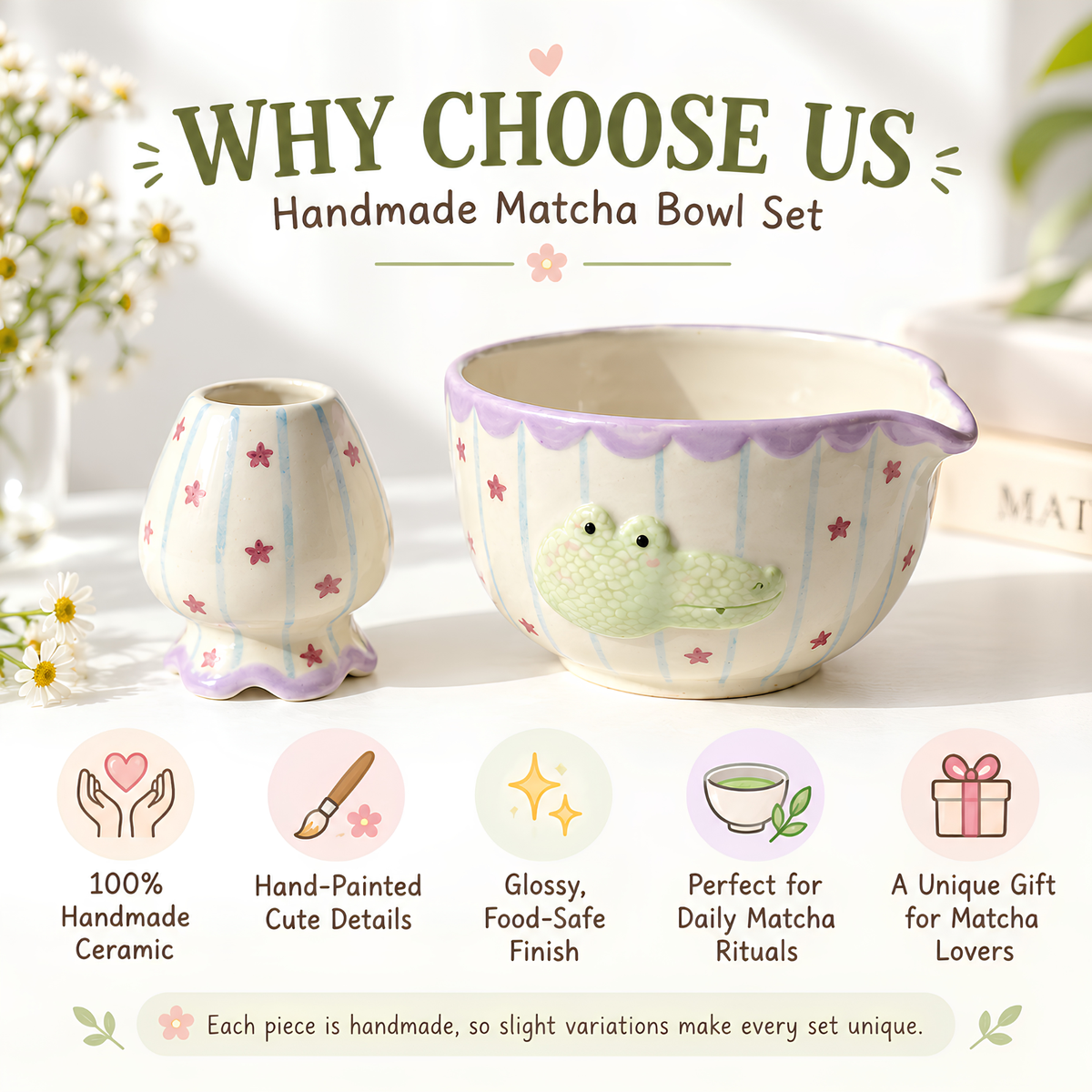 Cute Crocodile Matcha Bowl Set - Handmade Ceramic Chawan with Pouring Spout, Whisk Holder