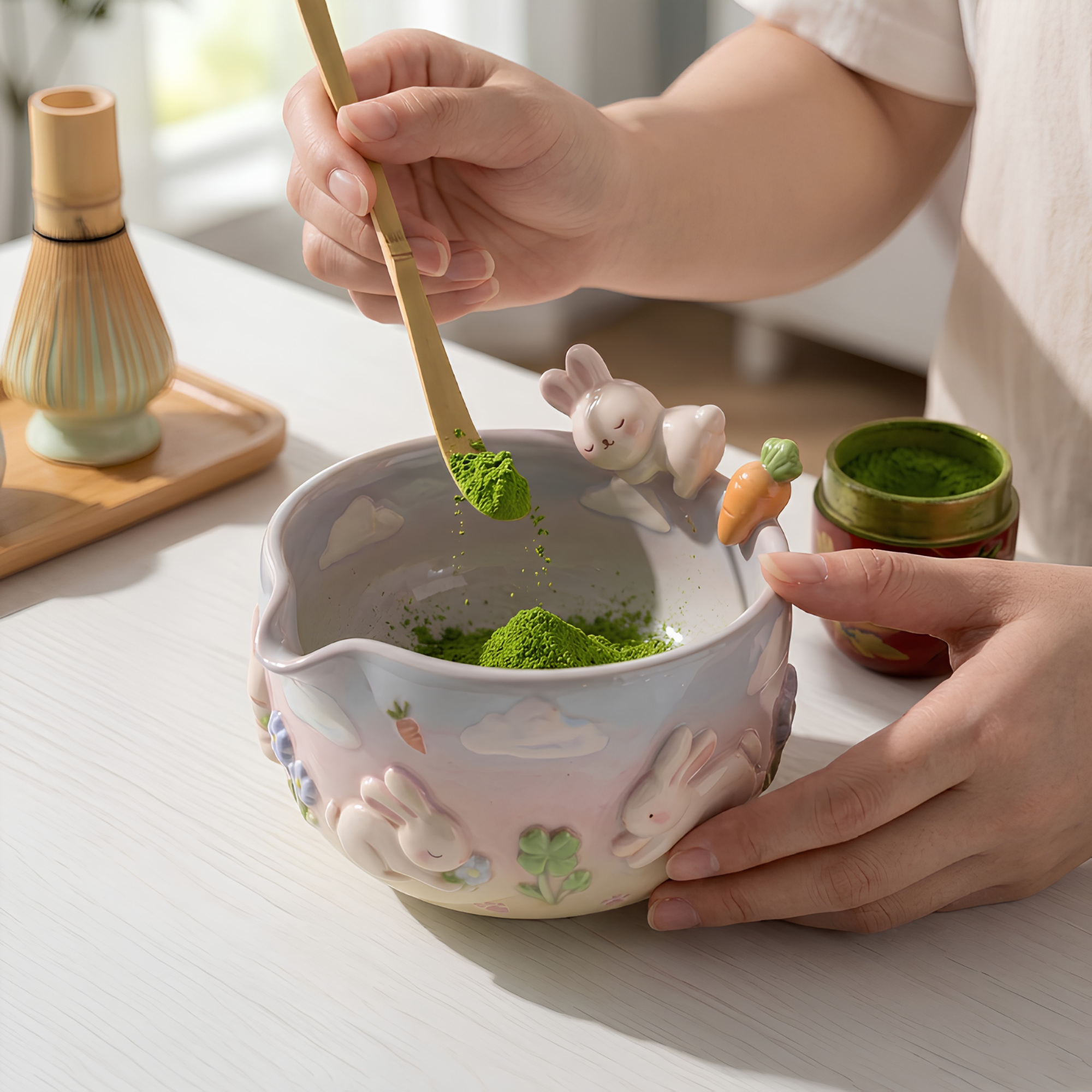 Ombre Bunny Carrot Matcha Bowl | Handmade Ceramic Chawan | LA023