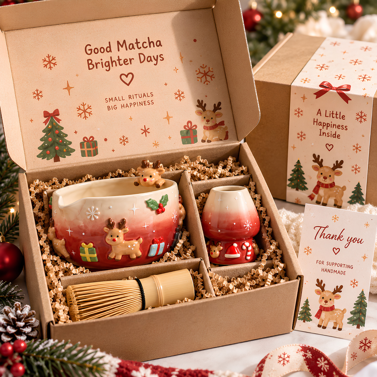 Christmas Reindeer Matcha Bowl Set, Handmade Ceramic Matcha Bowl with Whisk Holder, Cute Holiday Matcha Set, Christmas Gift for Matcha Lover | LA052