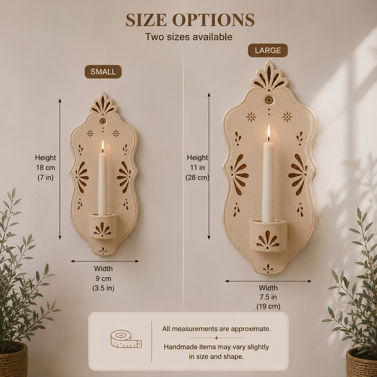 Ceramic Wall Candle Holder, Handmade Mediterranean Wall Sconce, Beige Taper Candle Holder, Farmhouse Boho Wall Decor | LA130