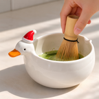 Goose Matcha Bowl Set, Handmade Ceramic Chawan with Spout & Whisk Holder, Cute Duck Tea Set