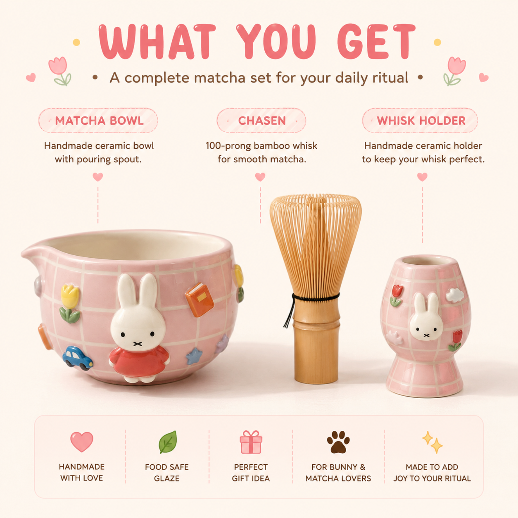 Grid Pink Bunny Matcha Bowl | LA024