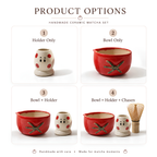 Handmade Red Tomato Ceramic Matcha Bowl Set | Cute Spouted Chawan & Polka Dot Whisk Holder • HX52