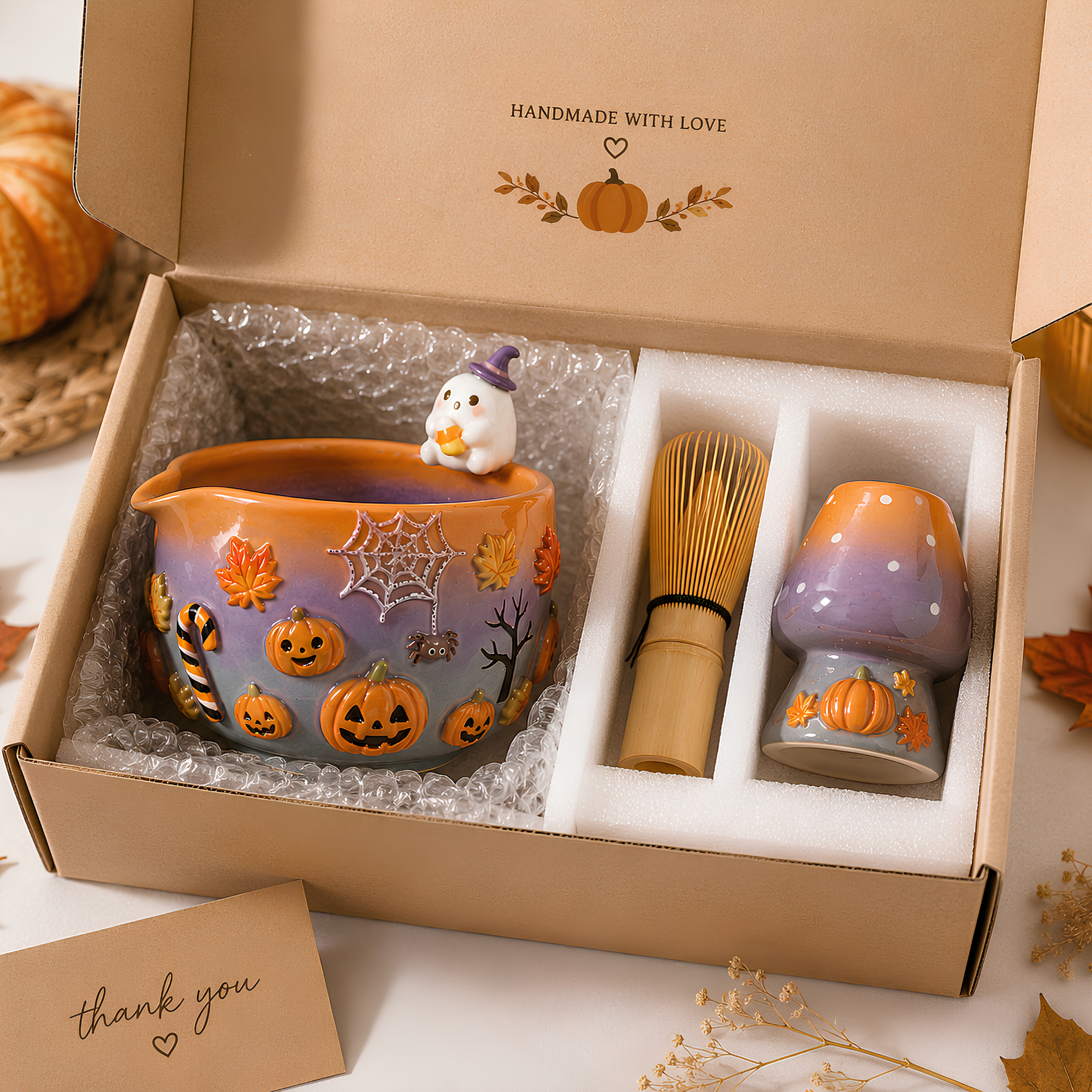 Ombre Halloween Matcha Bowl, Handmade Ceramic Matcha Set, Pumpkin Ghost Chawan with Whisk Holder | LA041