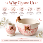 Teddy Bear Matcha Bowl Set, Handmade Ceramic Chawan & Whisk Holder, Pink Gingham Tea Set