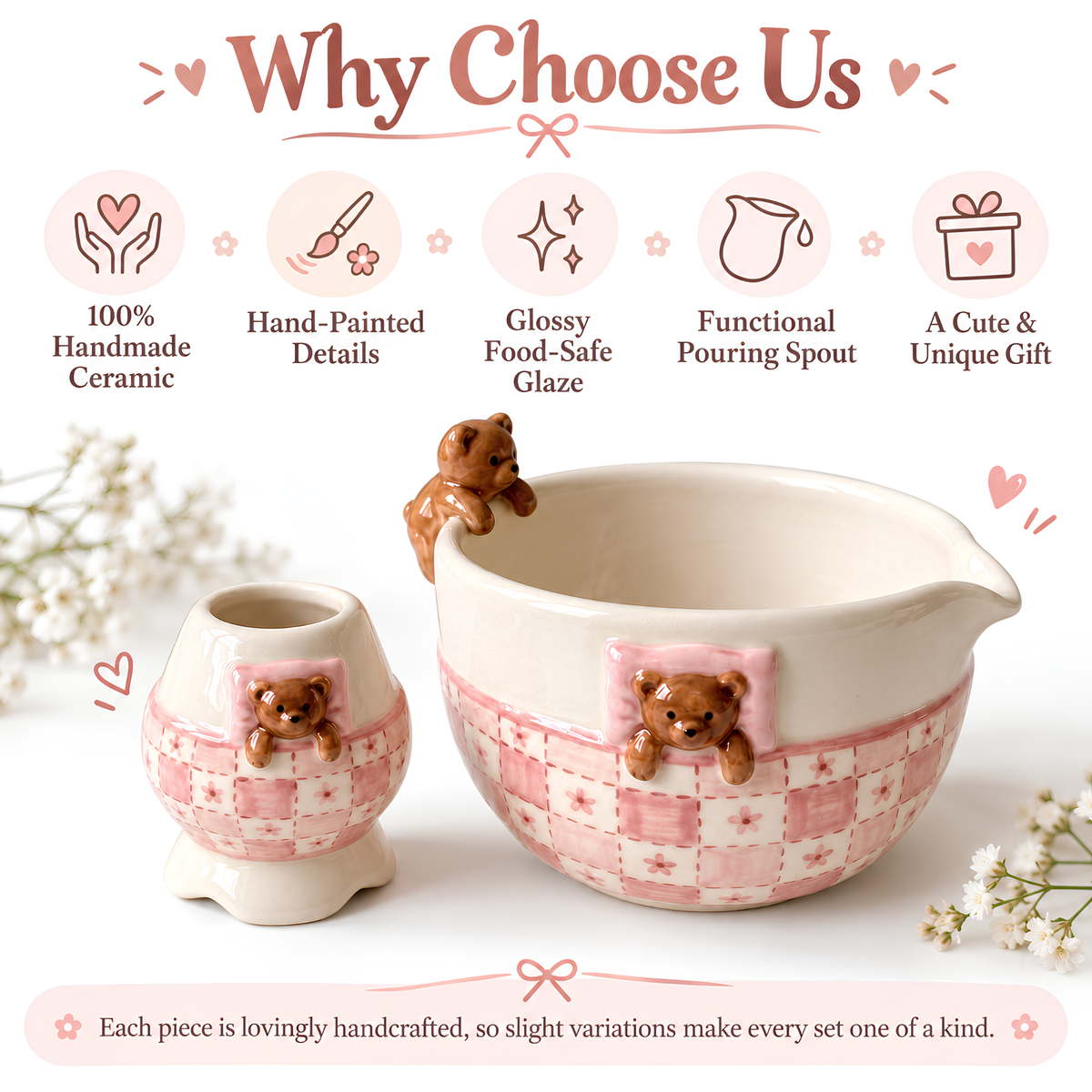 Teddy Bear Matcha Bowl Set, Handmade Ceramic Chawan & Whisk Holder, Pink Gingham Tea Set