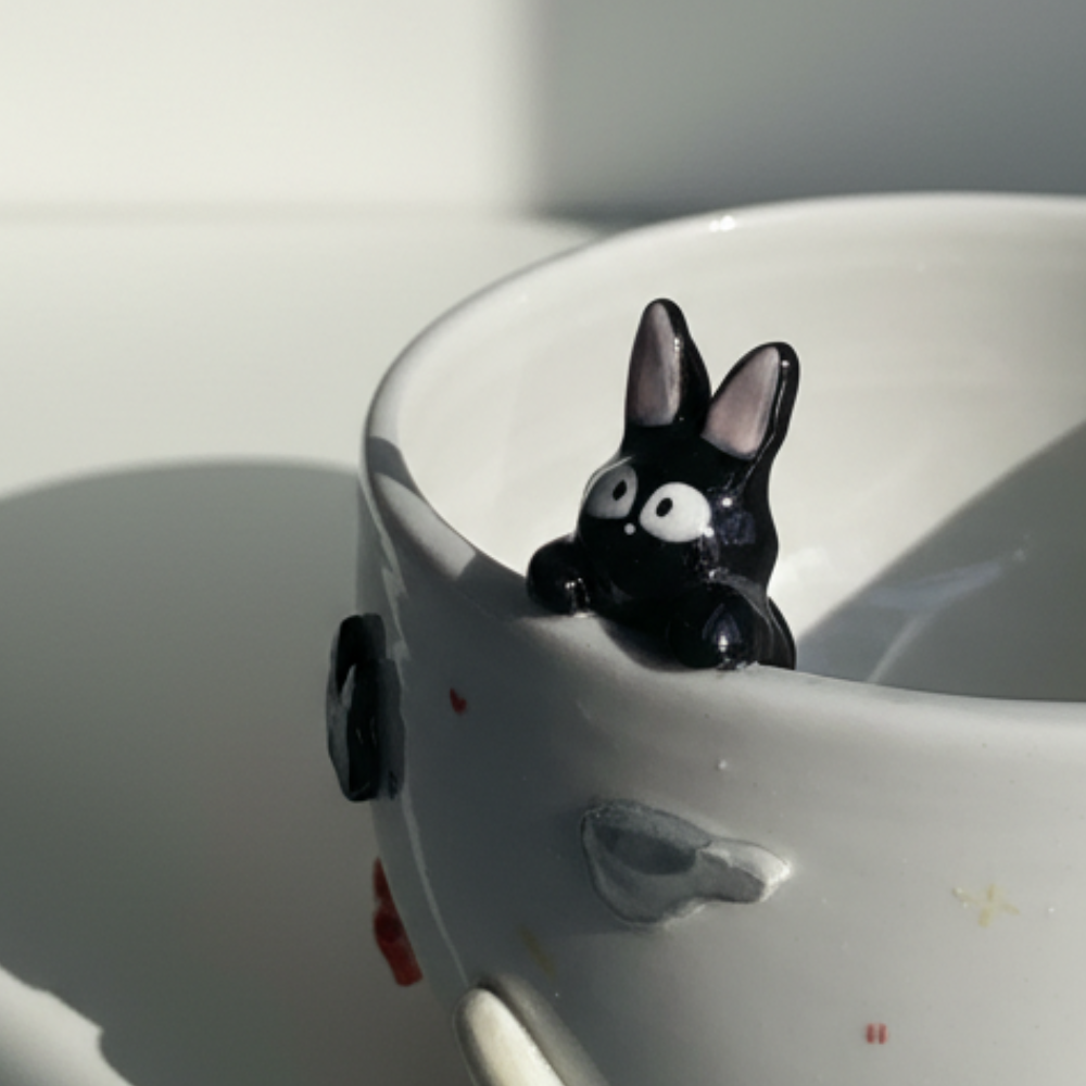 Handcrafted 3D Black Cat Ceramic Matcha Bowl with Spout, Cute Kitten Embossed Matchawan, Whimsical Cozy Black Cat Tea Cup, Gift for Cat Lover • HX16
