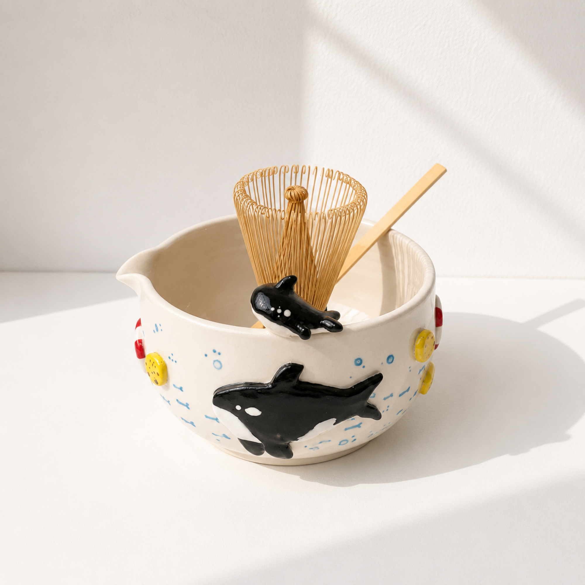 Playful Orca Ocean 3D Handcrafted Ceramic Matcha Bowl and Whisk Holder Set • HX12