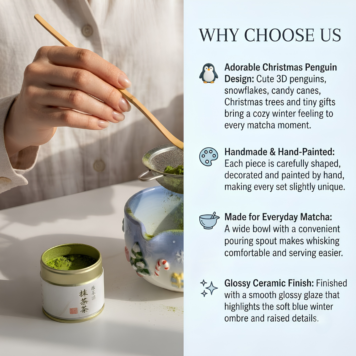 Christmas Penguin Matcha Bowl, Handmade Ceramic Matcha Set with Whisk Holder, Cute Winter Chawan, Penguin Gift for Matcha Lover | LA050