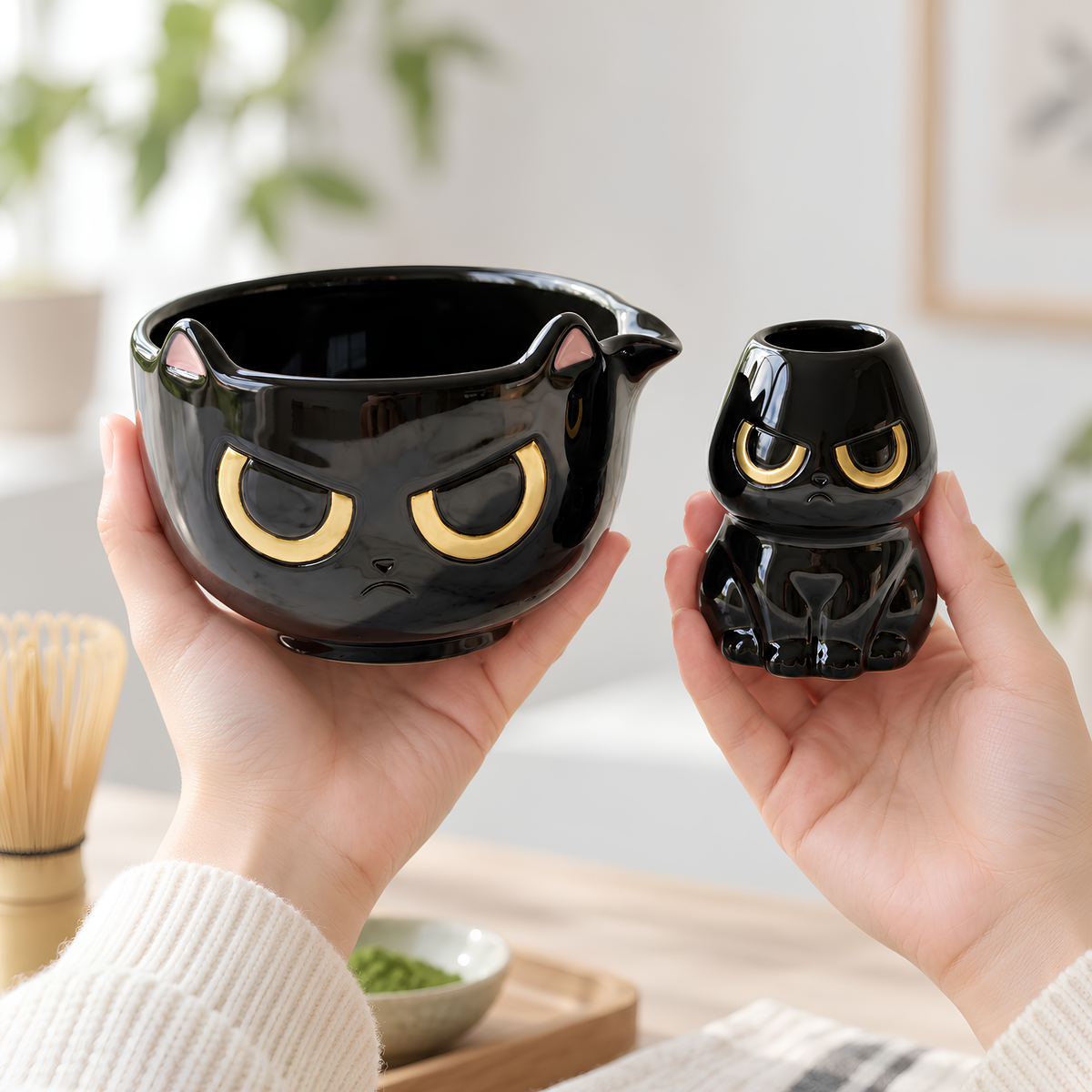 Grumpy Black Cat Matcha Bowl Set - Spouted Chawan & Whisk Holder, Handmade Ceramic Tea Set.