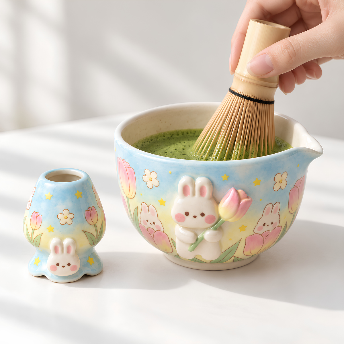 Bunny Tulip Matcha Bowl Set, Spouted Chawan & Whisk Holder, Handmade Ceramic Tea Set, Kawaii Gift for Bunny & Matcha Lovers