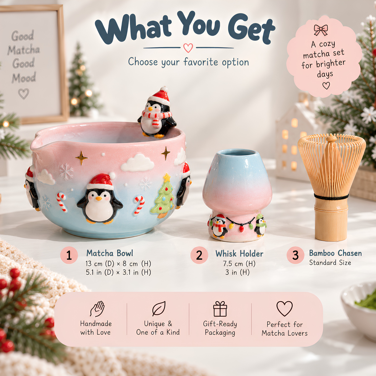 Christmas Penguin Matcha Bowl, Handmade Ceramic Matcha Set with Whisk Holder, Cute Winter Chawan, Penguin Gift for Matcha Lover | LA049