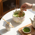 White Bunny Hug 3D Handcrafted Ceramic Matcha Bowl and Floral Whisk Holder Set • HX11