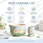 Handmade Duck Pond Ceramic Matcha Bowl Set | Cute Spouted Chawan & Whisk Holder • HX49