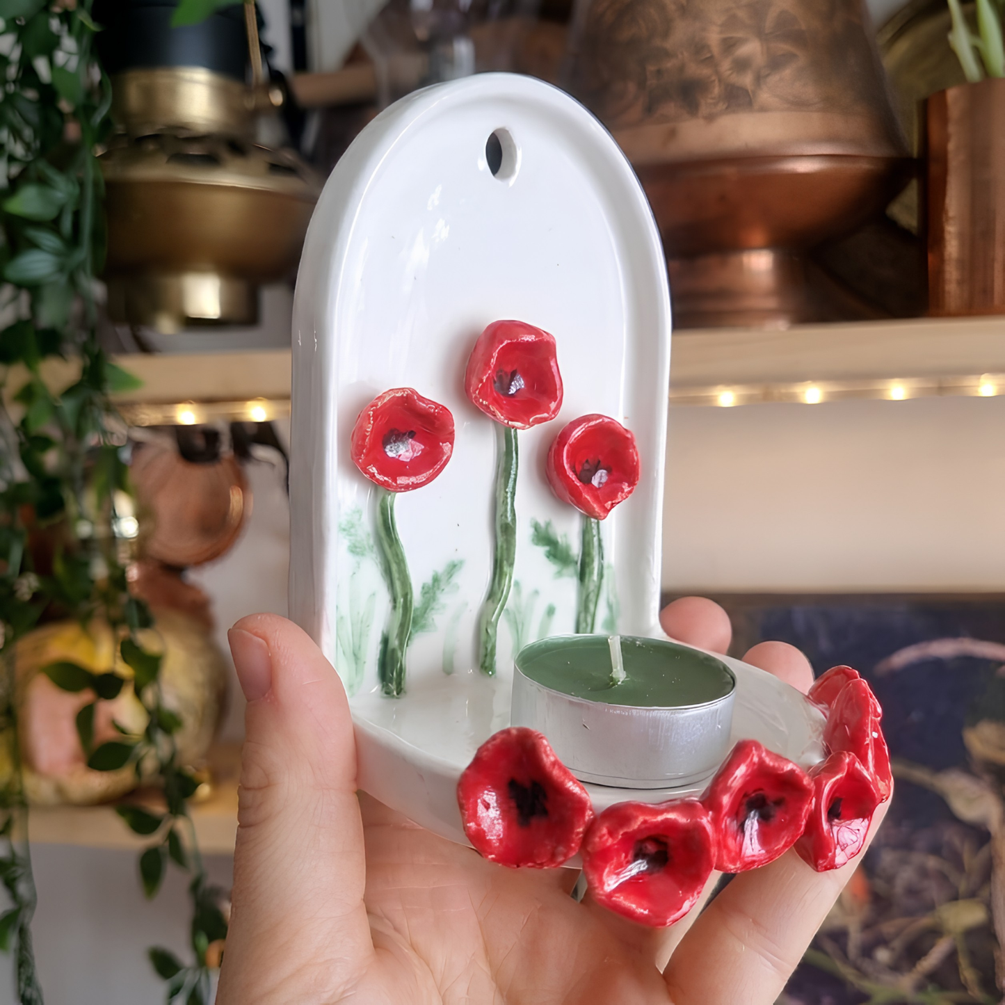 Handmade Ceramic Poppy Flower Wall Tealight Candle Holder - NN04