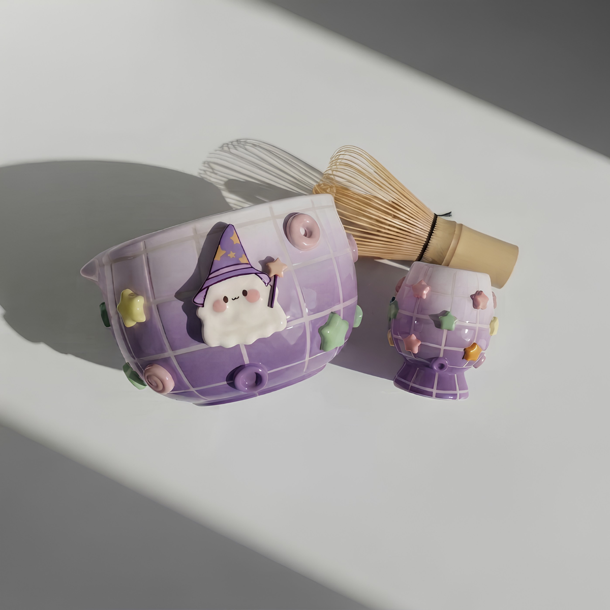 Kawaii Wizard Ghost Matcha Bowl Set | Handmade Ceramic Purple Gingham Whisk Holder | Cute Candy Star Chawan | Pastel Halloween Tea Gift | LA055