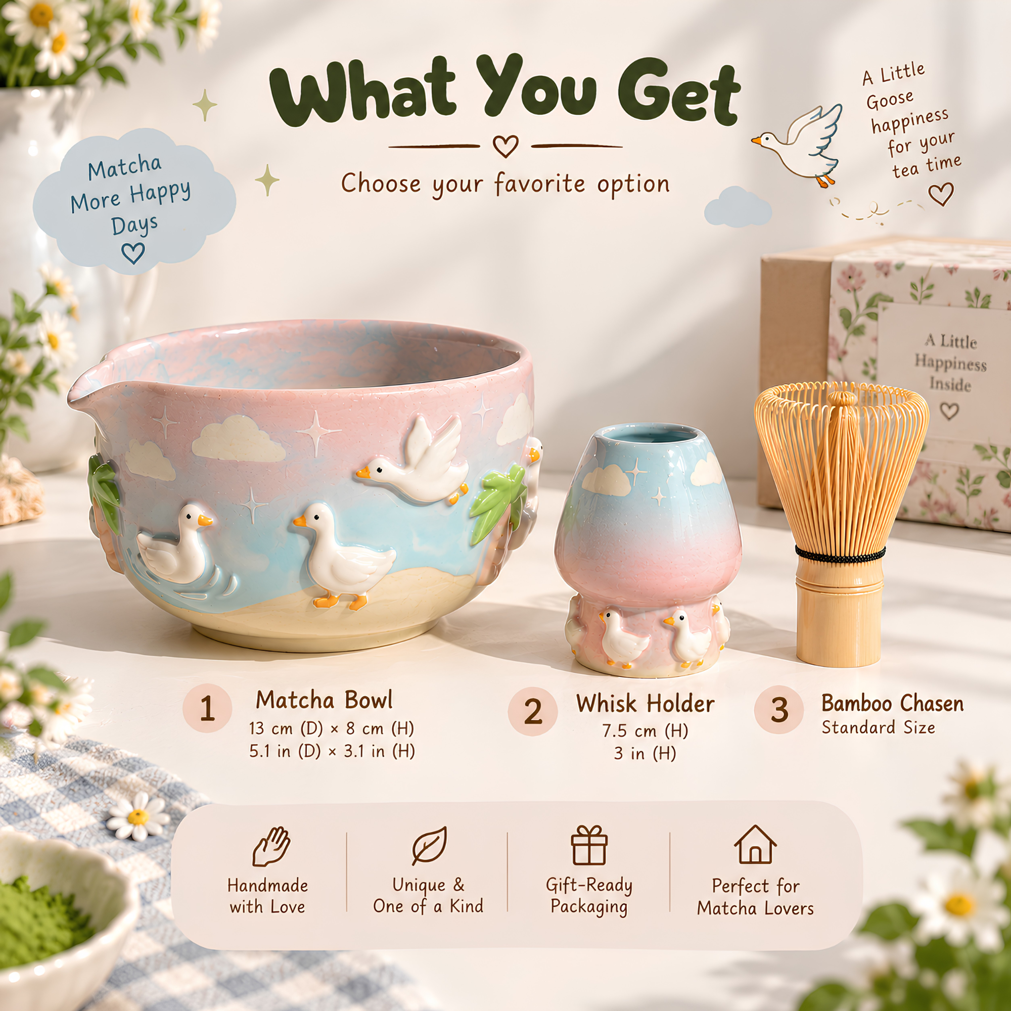 Goose Matcha Bowl Set | Cottagecore Ceramic Whisk Holder | Pastel Ombre Handmade Matcha Chawan | Cute Duck Gift for Tea Lovers | LA048