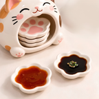 Cat Paw Ceramic Dipping Dish Set - Paw Shaped Sauce Plates & Cat Holder, Handmade Tableware.