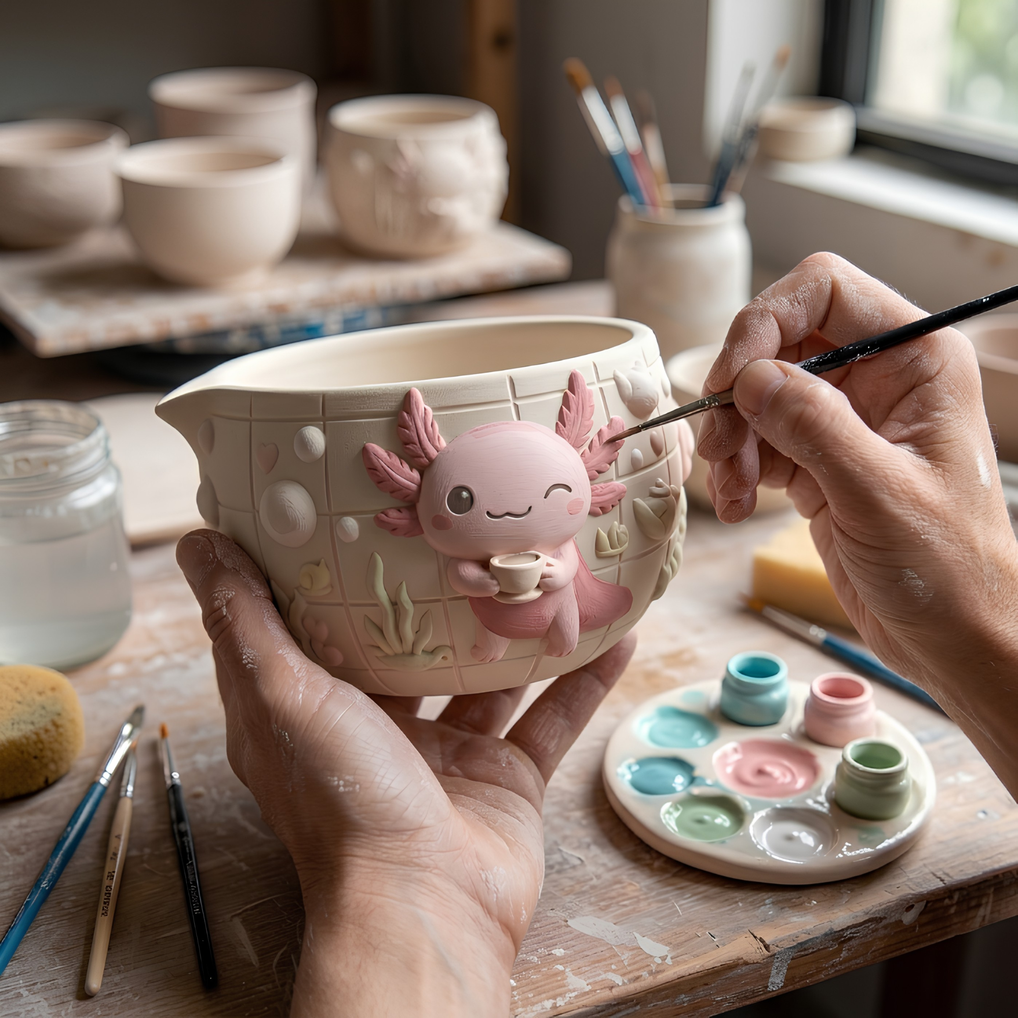 Grid Axolotl Matcha Bowl Set | Handmade Matcha Bowl Set | LA040