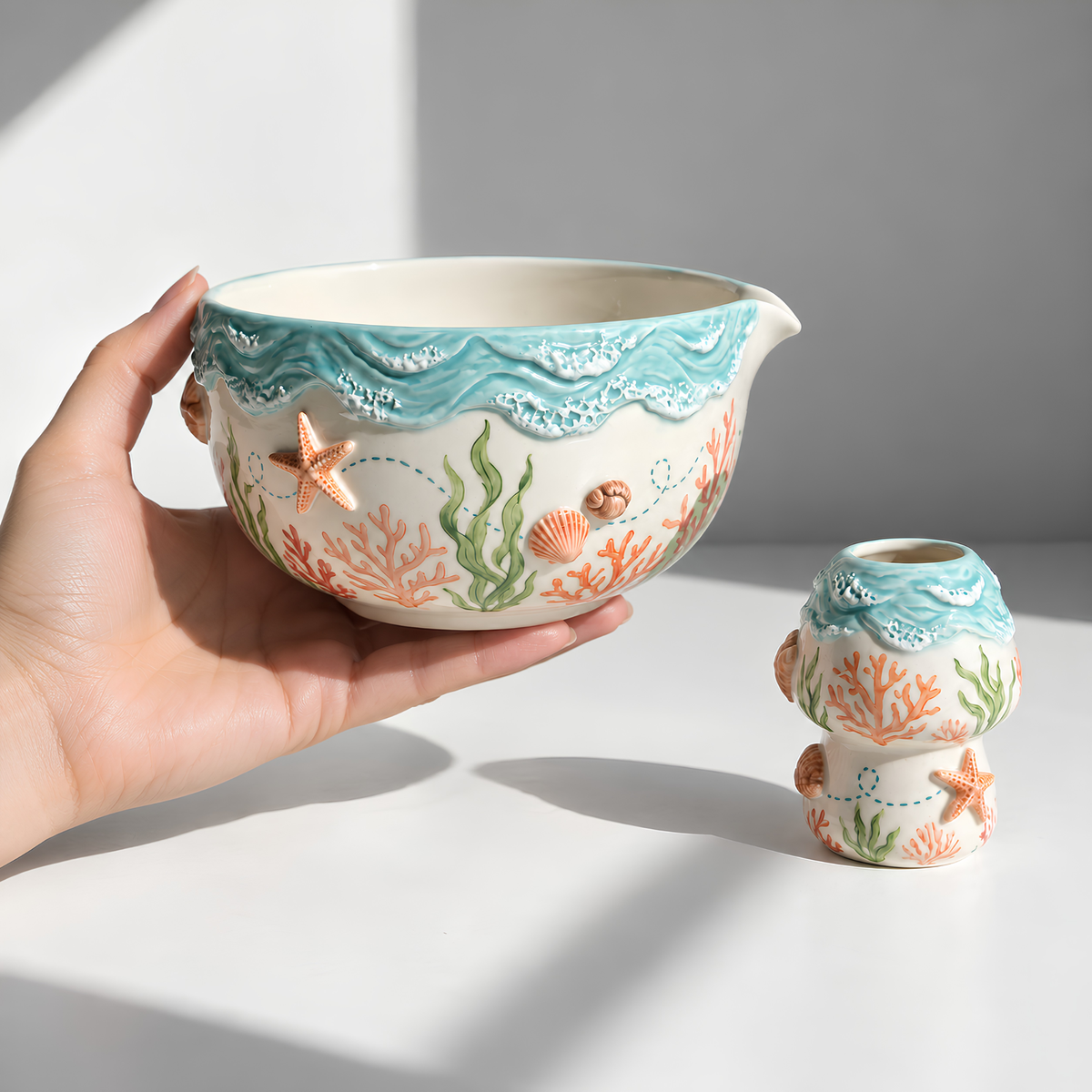 Ocean Reef Matcha Bowl Set - Spouted Chawan and Whisk Holder, Handmade Ceramic Tea Set, Coastal Gift for Matcha Lovers