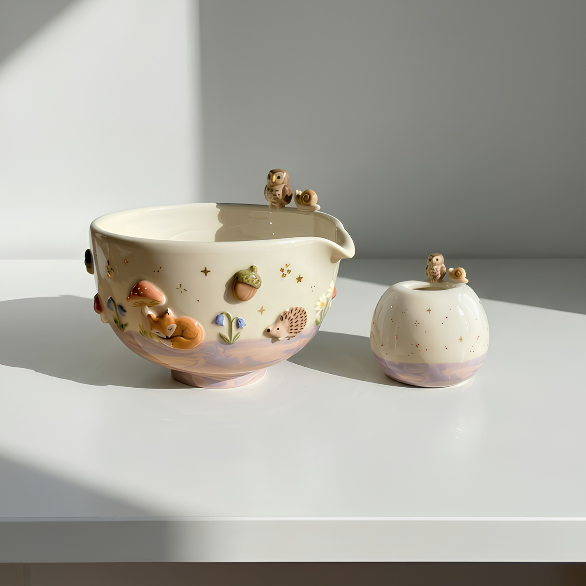 Woodland Matcha Bowl, Handmade Ceramic Chawan, Owl Fox Hedgehog Tea Bowl, Cottagecore Matcha Set | LA033