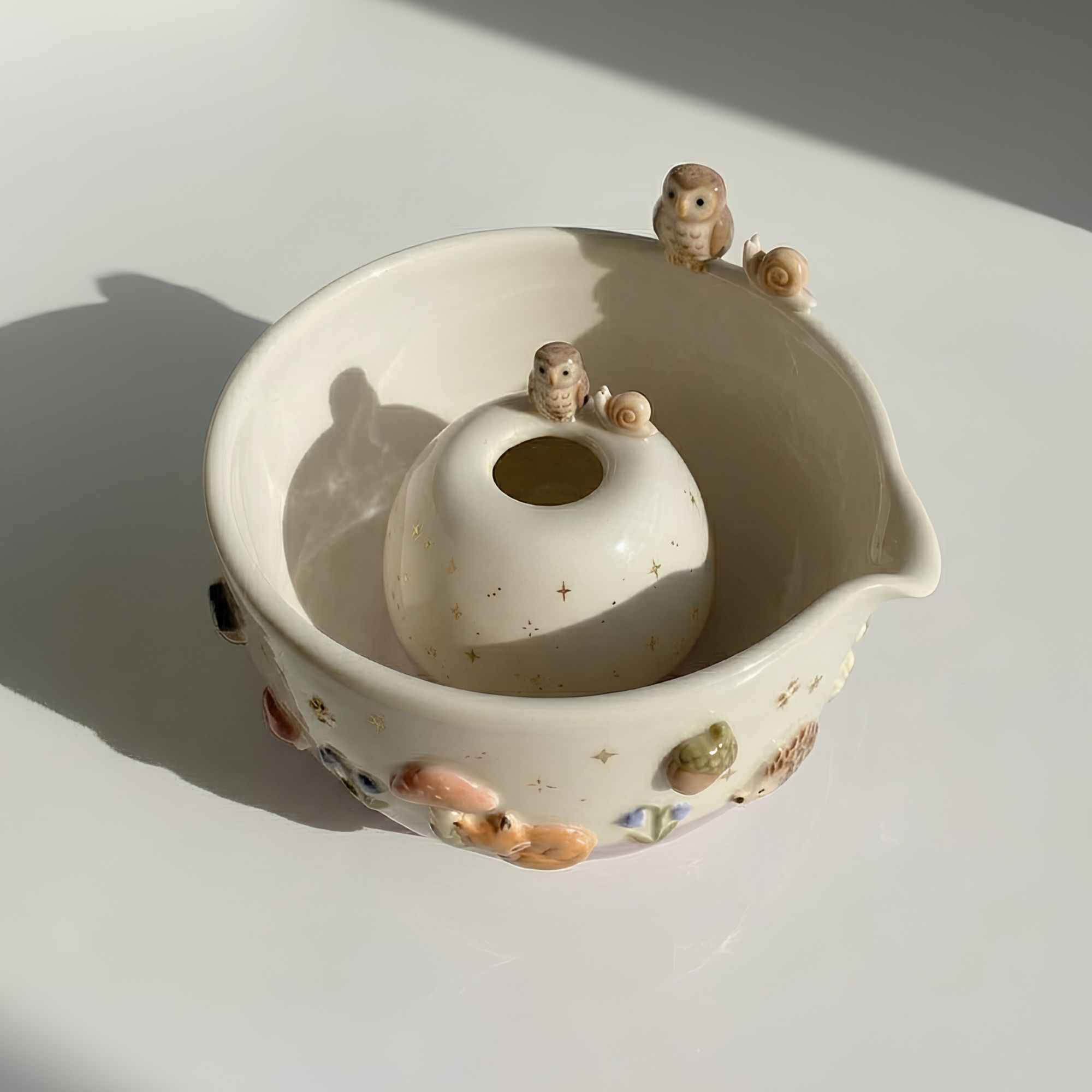 Woodland Matcha Bowl, Handmade Ceramic Chawan, Owl Fox Hedgehog Tea Bowl, Cottagecore Matcha Set | LA033