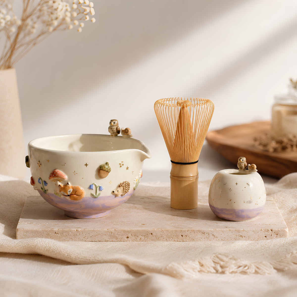 Woodland Matcha Bowl, Handmade Ceramic Chawan, Owl Fox Hedgehog Tea Bowl, Cottagecore Matcha Set | LA033