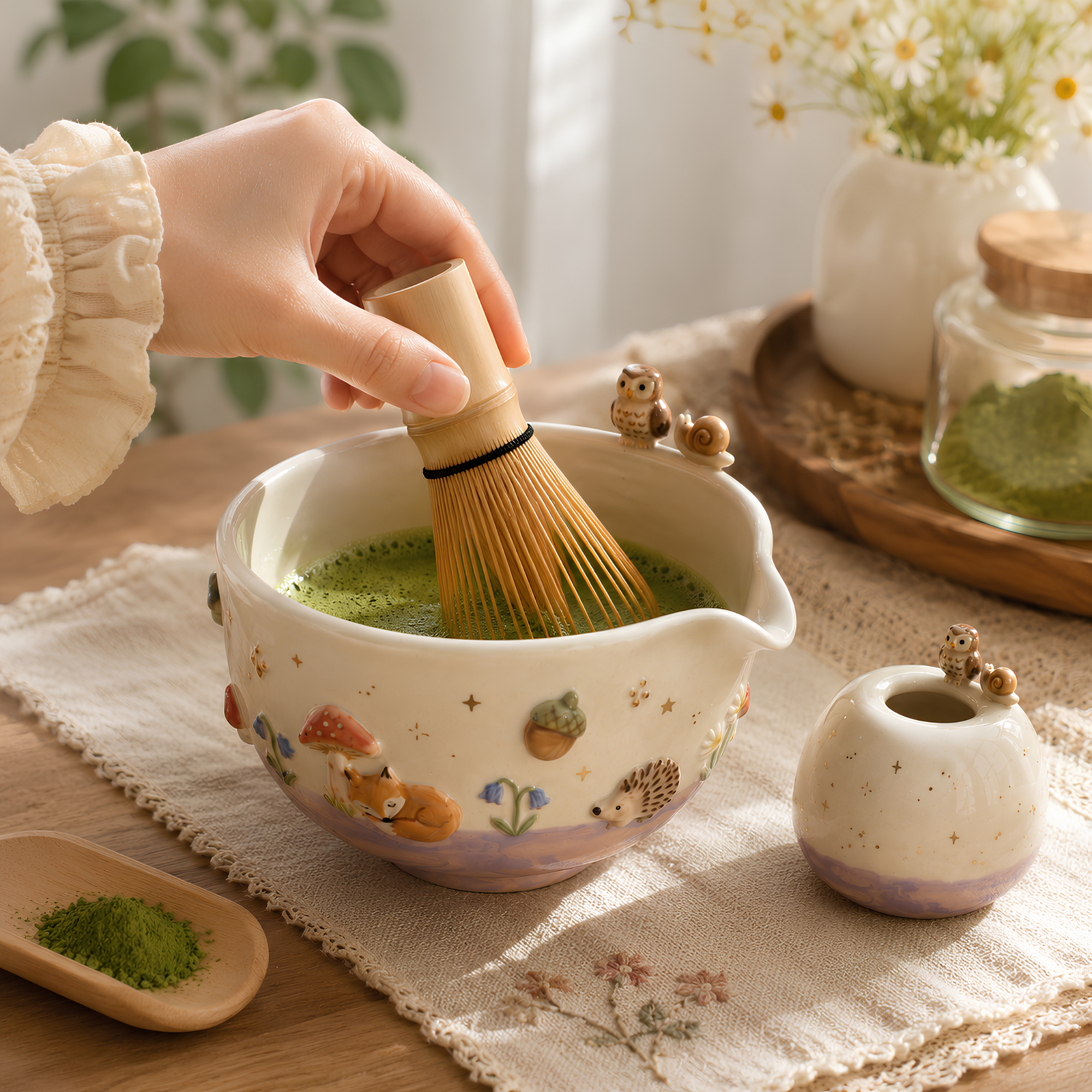 Woodland Matcha Bowl, Handmade Ceramic Chawan, Owl Fox Hedgehog Tea Bowl, Cottagecore Matcha Set | LA033
