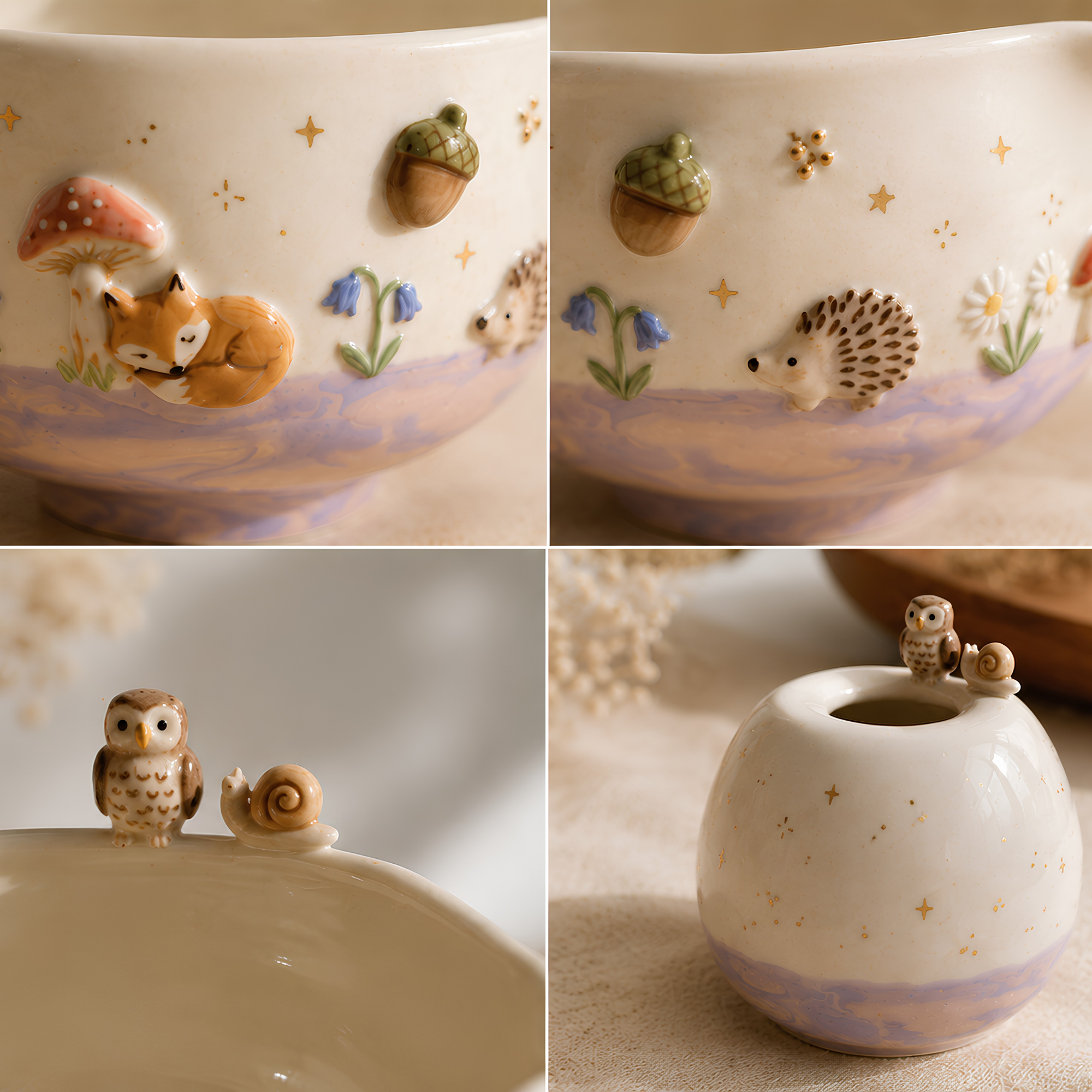 Woodland Matcha Bowl, Handmade Ceramic Chawan, Owl Fox Hedgehog Tea Bowl, Cottagecore Matcha Set | LA033