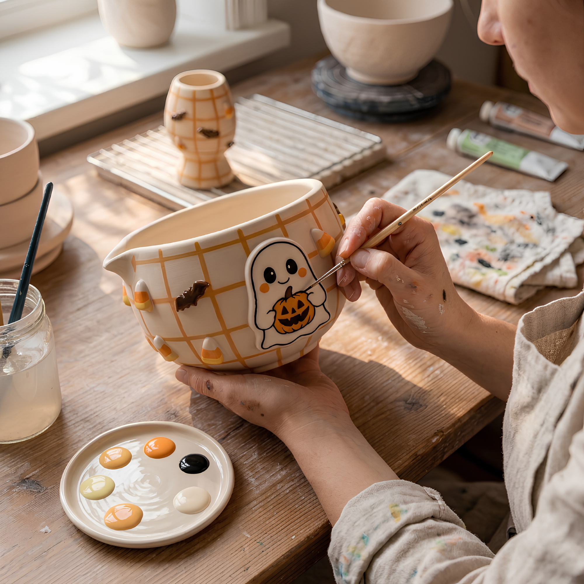 Handmade Halloween Matcha Bowl Set, Ghost Ceramic Chawan with Whisk Holder, Cute Pumpkin Matcha Bowl, Fall Tea Lover Gift | LA036