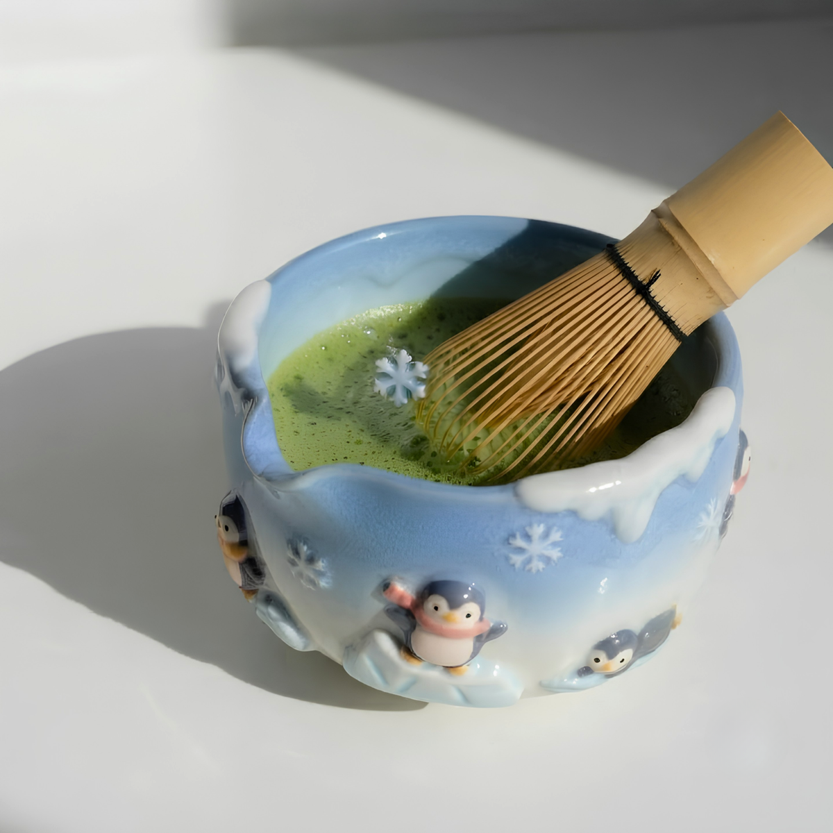 Penguin Matcha Bowl Set, Handmade Ceramic Chawan with Whisk Holder, Cute Winter Matcha Set, Arctic Penguin Gift, Matcha Lover Gift | LA051
