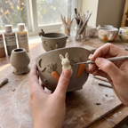 Bunny Carrot Matcha Bowl Set - Spouted Chawan and Whisk Holder, Handmade Ceramic Tea Set, Kawaii Gift for Rabbit & Matcha Lovers