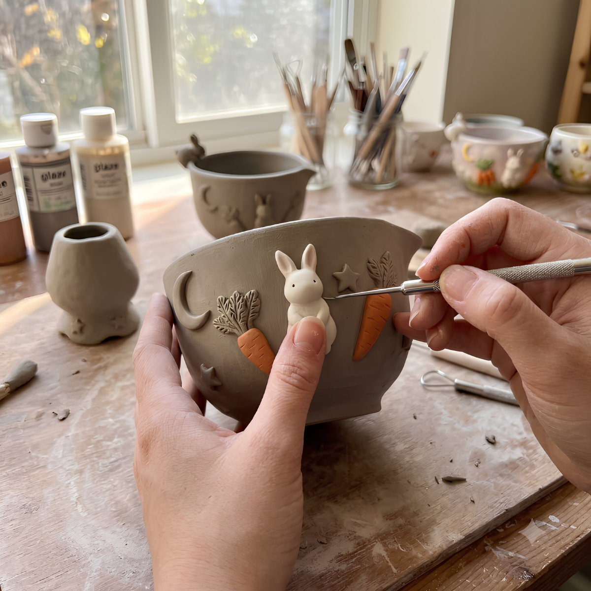 Bunny Carrot Matcha Bowl Set - Spouted Chawan and Whisk Holder, Handmade Ceramic Tea Set, Kawaii Gift for Rabbit & Matcha Lovers