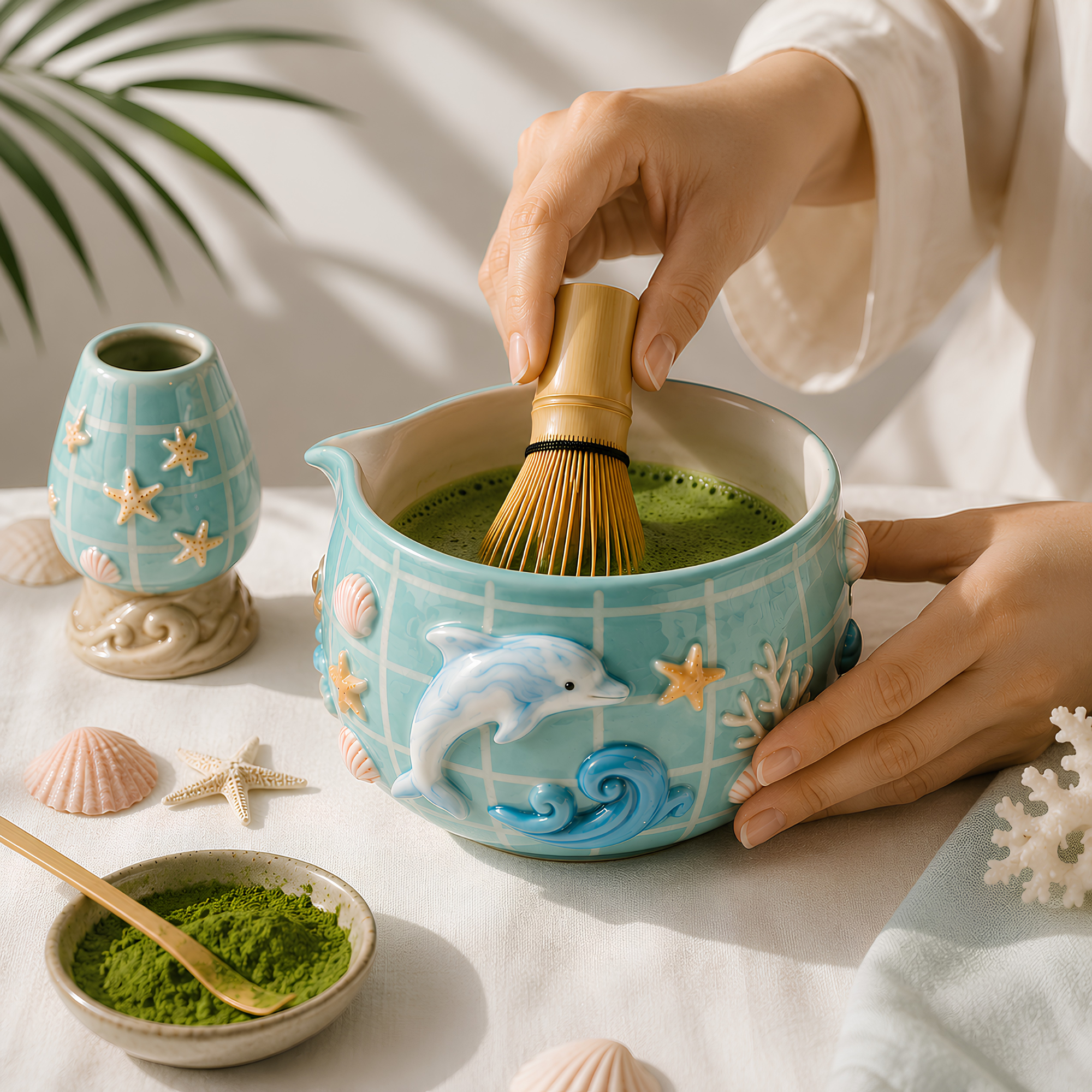 Grid Dolphin Matcha Bowl Set | Handmade Matcha Bowl Set | LA039