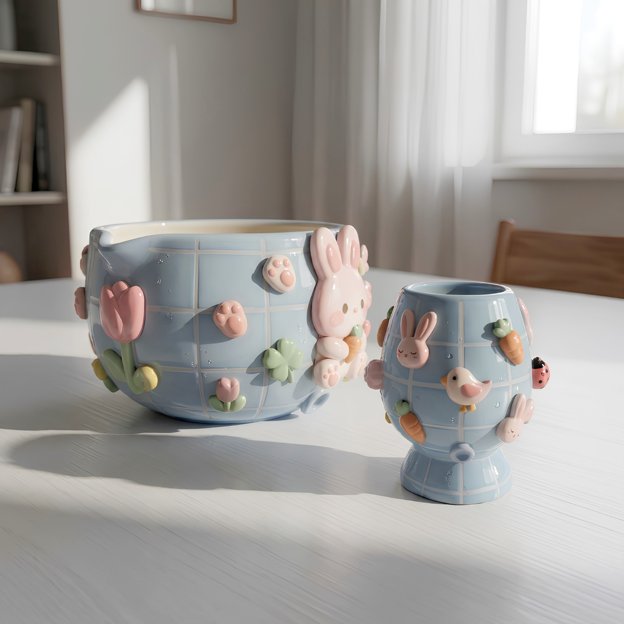 Grid  Mint Blue Bunny Matcha Bowl | Handmade Ceramic Chawan | LA028