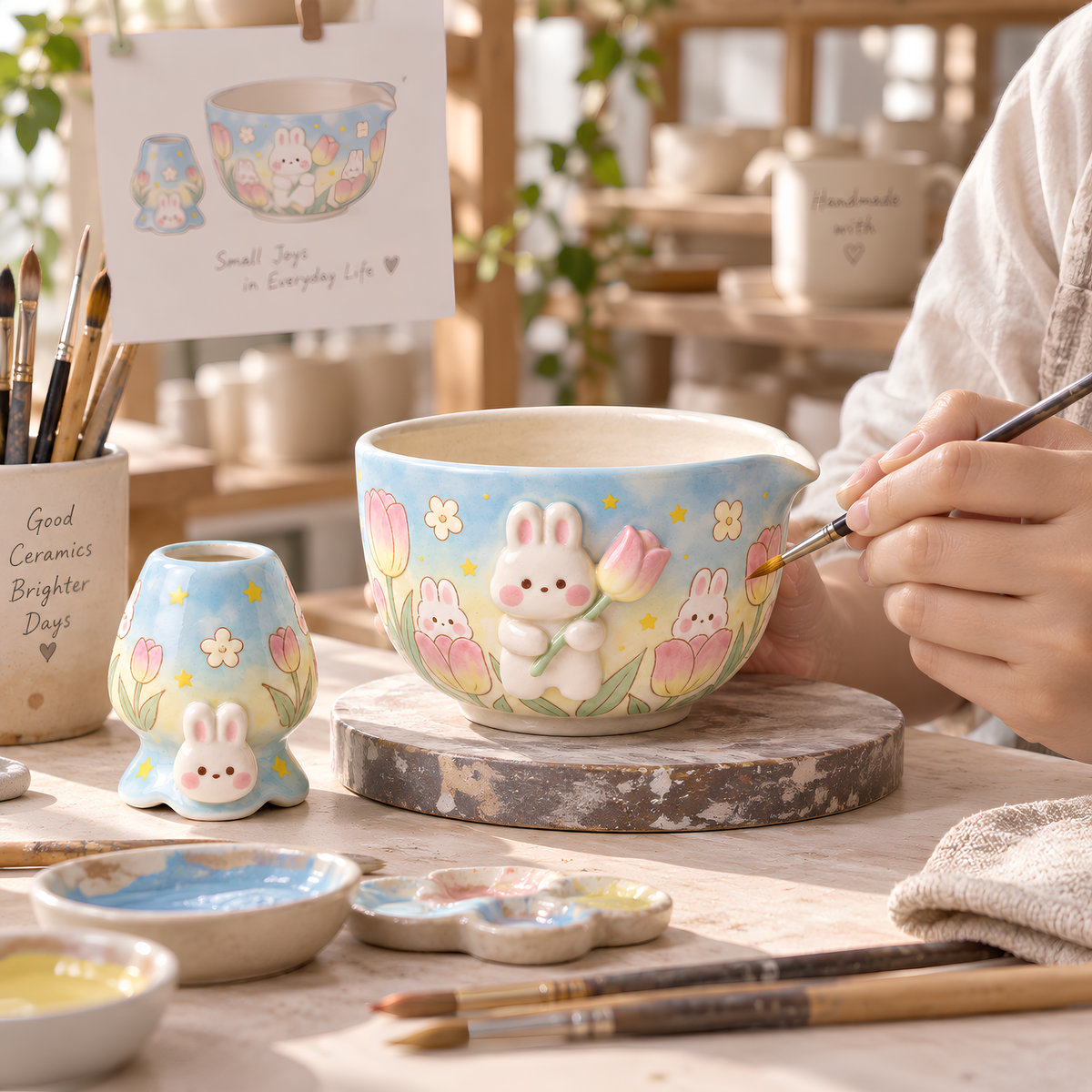 Bunny Tulip Matcha Bowl Set, Spouted Chawan & Whisk Holder, Handmade Ceramic Tea Set, Kawaii Gift for Bunny & Matcha Lovers
