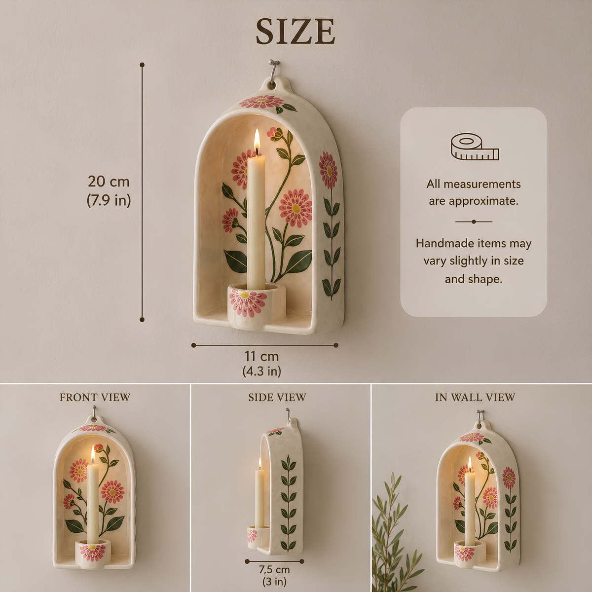 Wall Candle Holder, Ceramic Wall Sconce, Floral Handmade Decor, Taper Candle Holder, Housewarming Gift | LA137