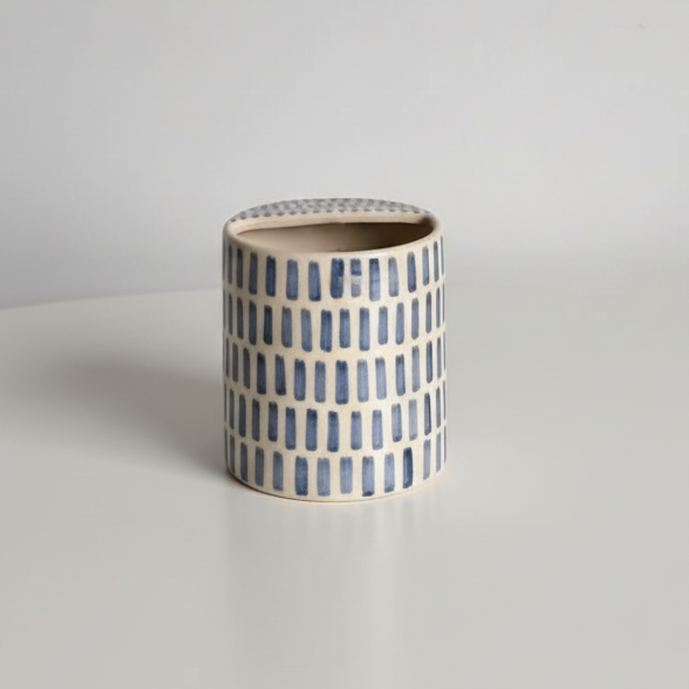 Handcrafted Ceramic Travel Mug with Built-in Lid, Minimalist Blue Grid Commuter Coffee Cup • HX09