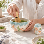 Ocean Reef Matcha Bowl Set - Spouted Chawan and Whisk Holder, Handmade Ceramic Tea Set, Coastal Gift for Matcha Lovers
