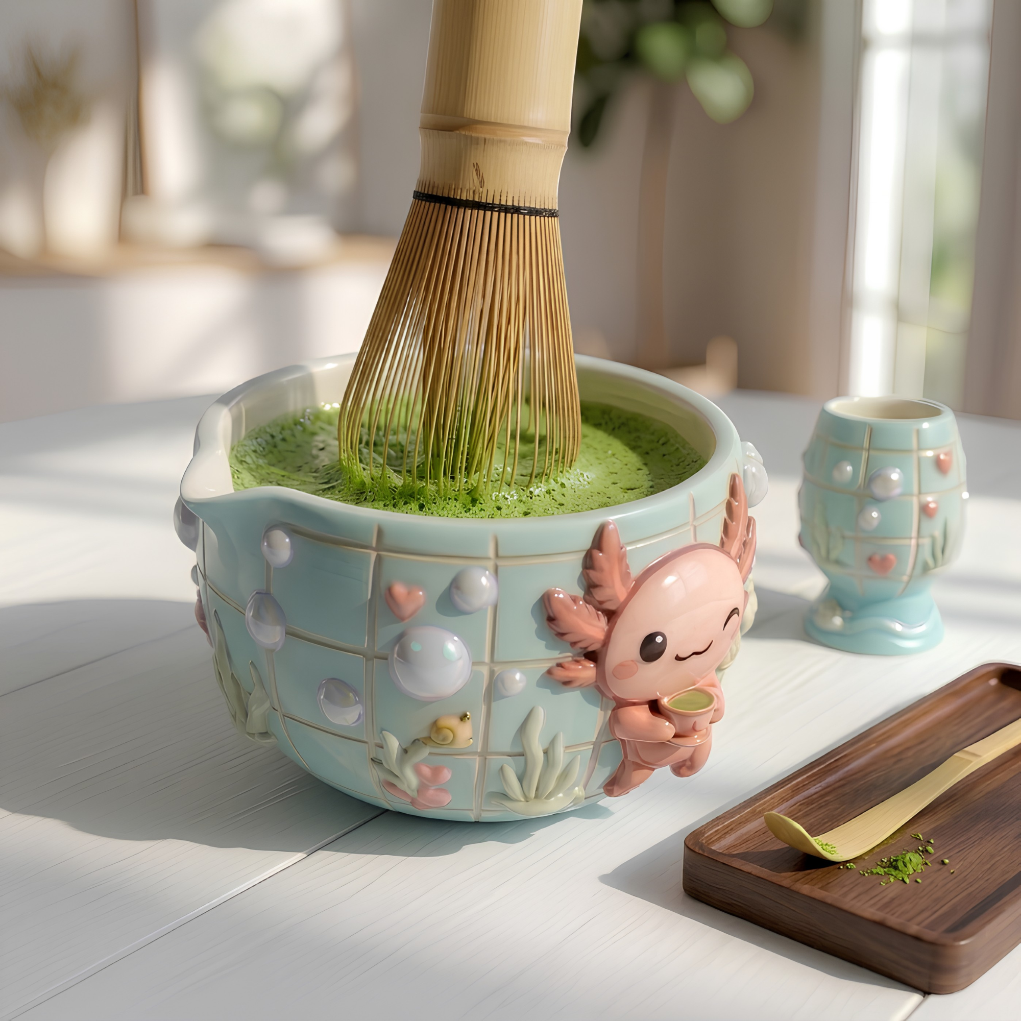 Grid Axolotl Matcha Bowl Set | Handmade Matcha Bowl Set | LA040