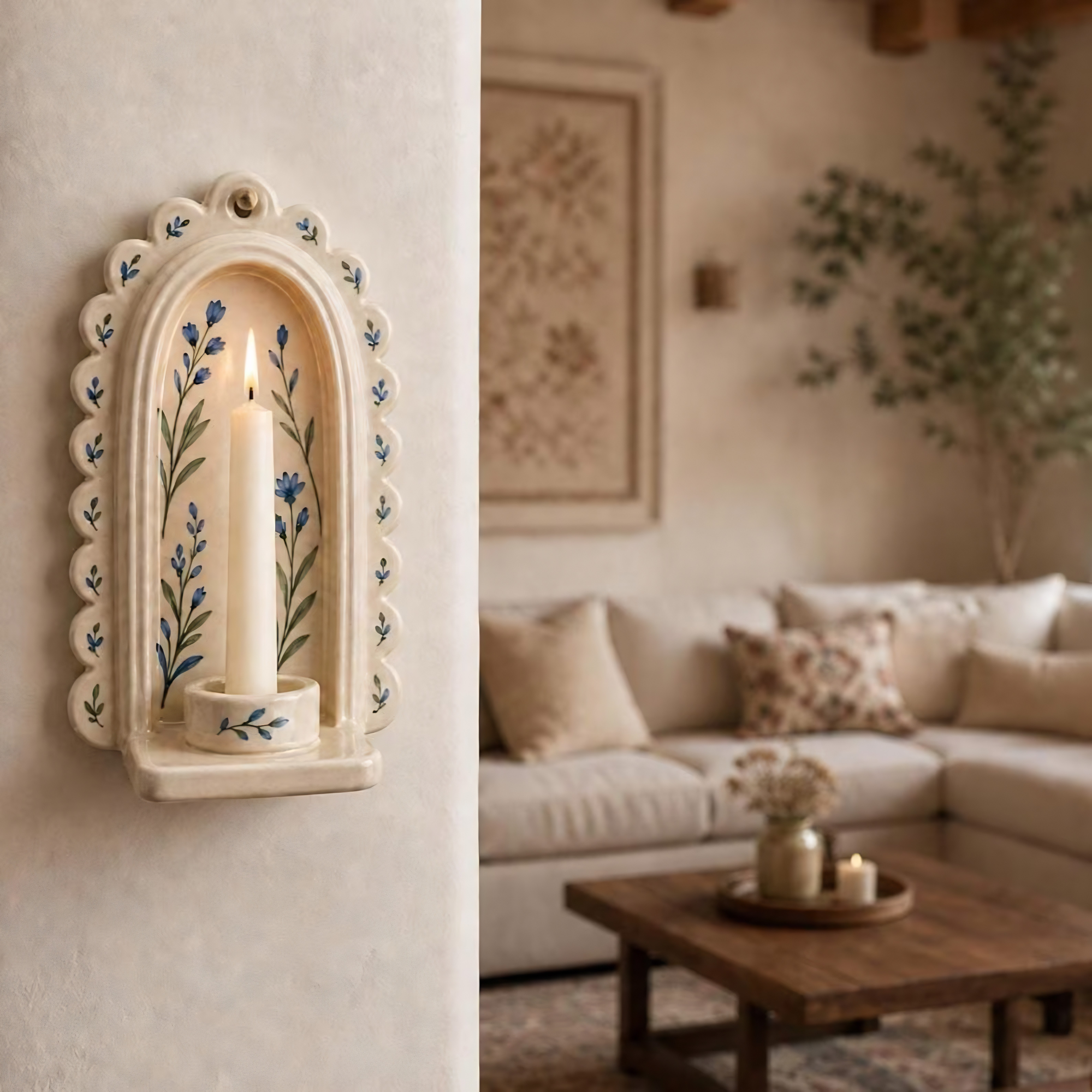 Wall Candle Holder, Handmade Ceramic Sconce, Floral Taper Candle Holder, Cottagecore Wall Decor | LA116