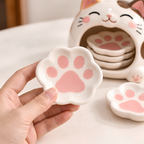 Cat Paw Ceramic Dipping Dish Set - Paw Shaped Sauce Plates & Cat Holder, Handmade Tableware.