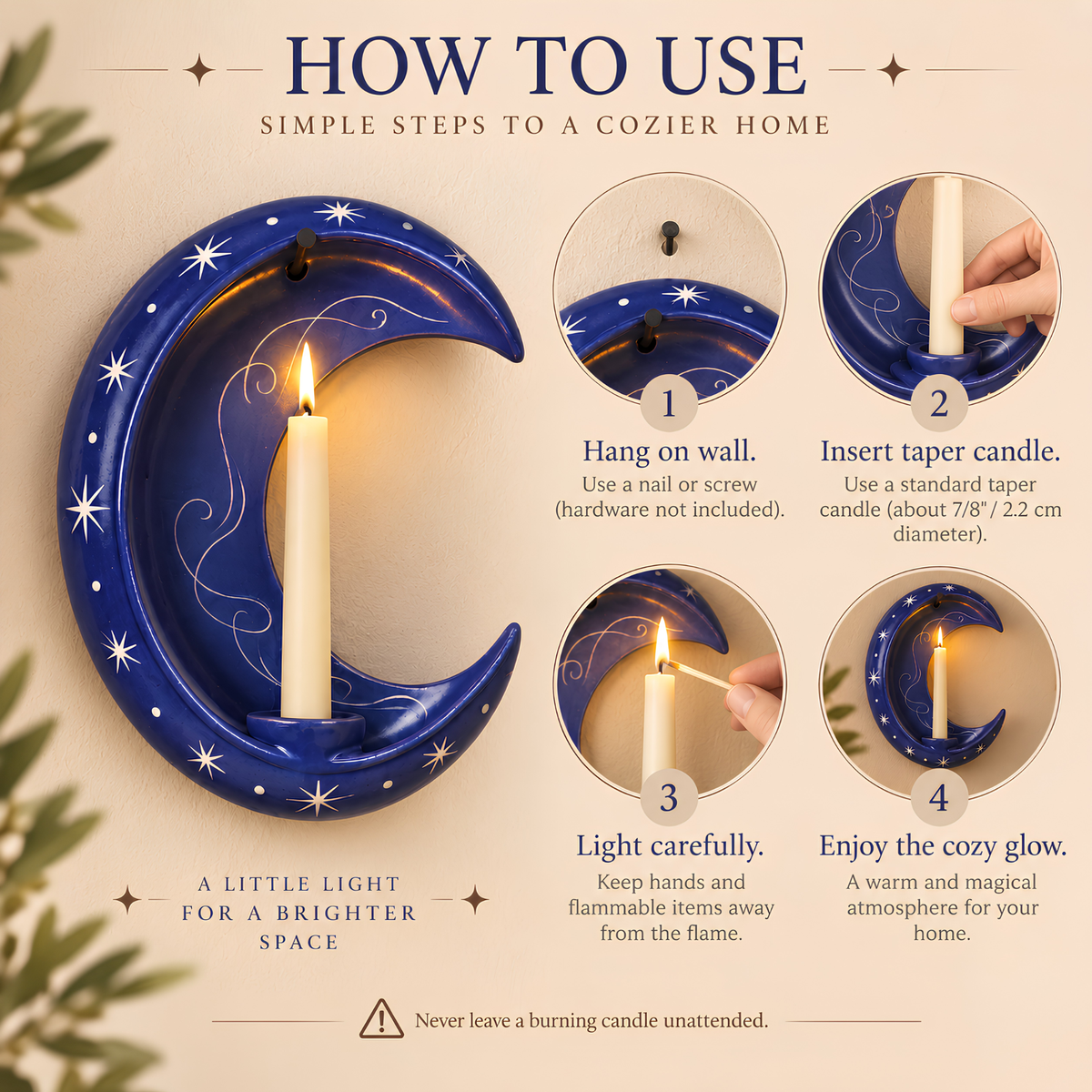 Handmade Crescent Moon Ceramic Wall Candle Holder, Celestial Taper Candle Sconce, Star Wall Decor, Moon Lover Gift, Housewarming Gift