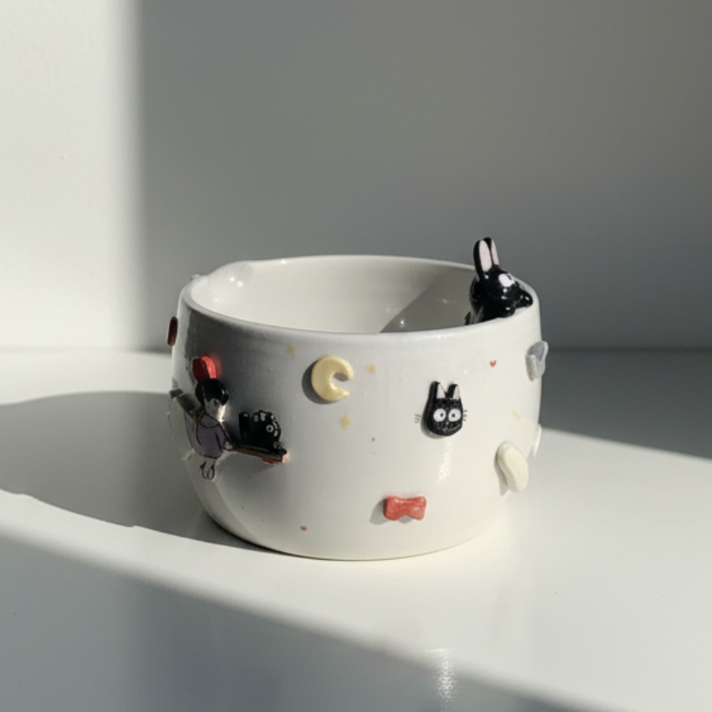 Handcrafted 3D Black Cat Ceramic Matcha Bowl with Spout, Cute Kitten Embossed Matchawan, Whimsical Cozy Black Cat Tea Cup, Gift for Cat Lover • HX16