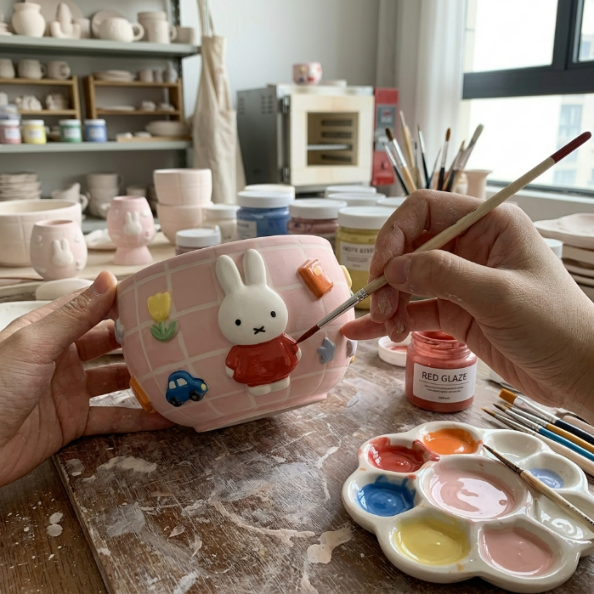 Grid Pink Bunny Matcha Bowl | Handmade Ceramic Chawan | LA024