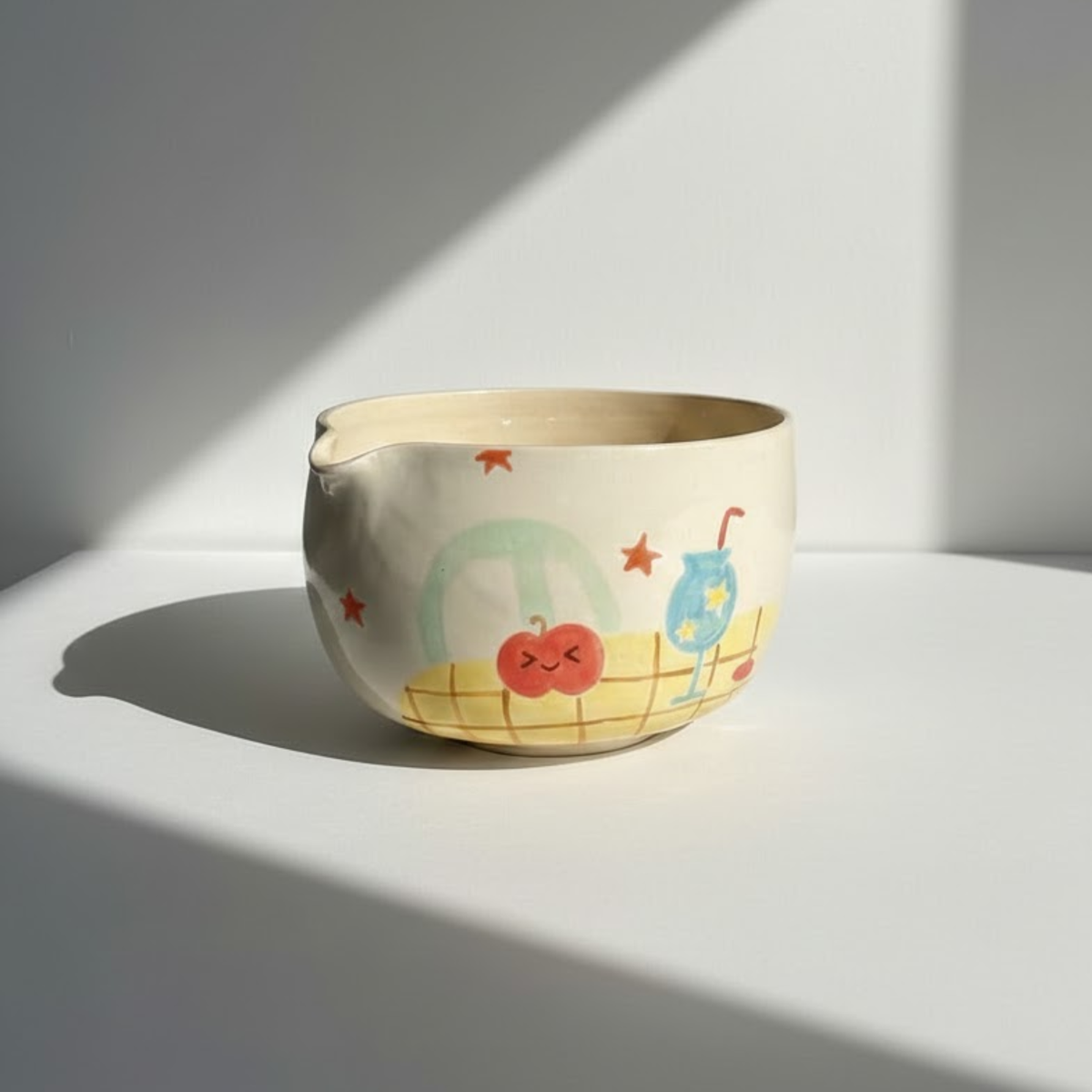 Handmade Cute Pudding & Cafe Ceramic Matcha Bowl Set | Kawaii Spouted Chawan & Whisk Holder • HX50