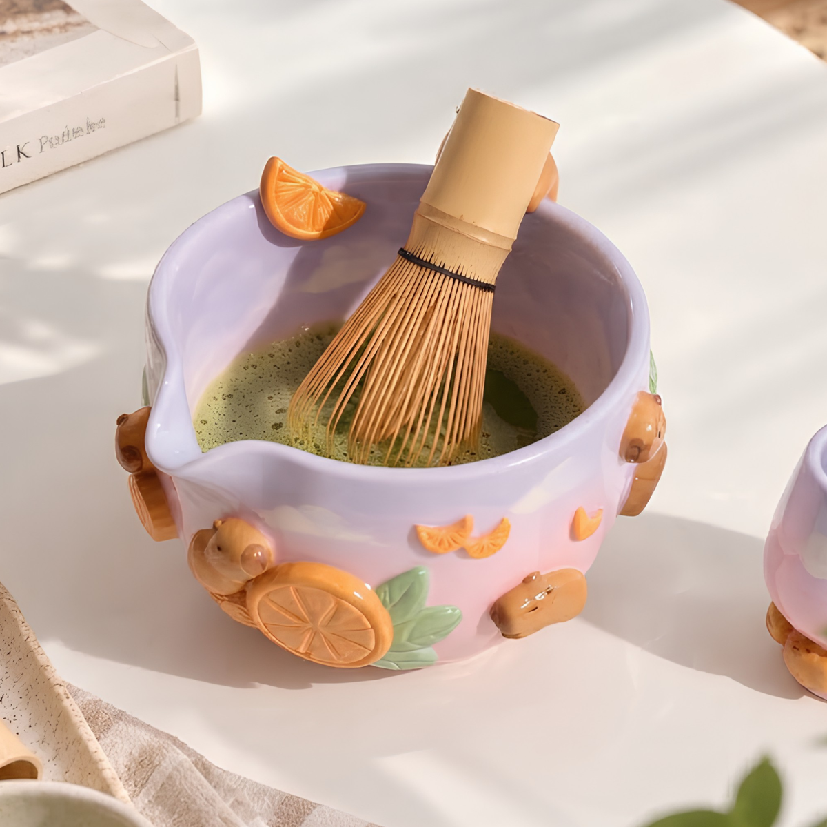Capybara Orange Ombre Matcha Bowl Set, Handmade Ceramic Chawan with Whisk Holder, Cute Matcha Gift for Tea Lover | LA045