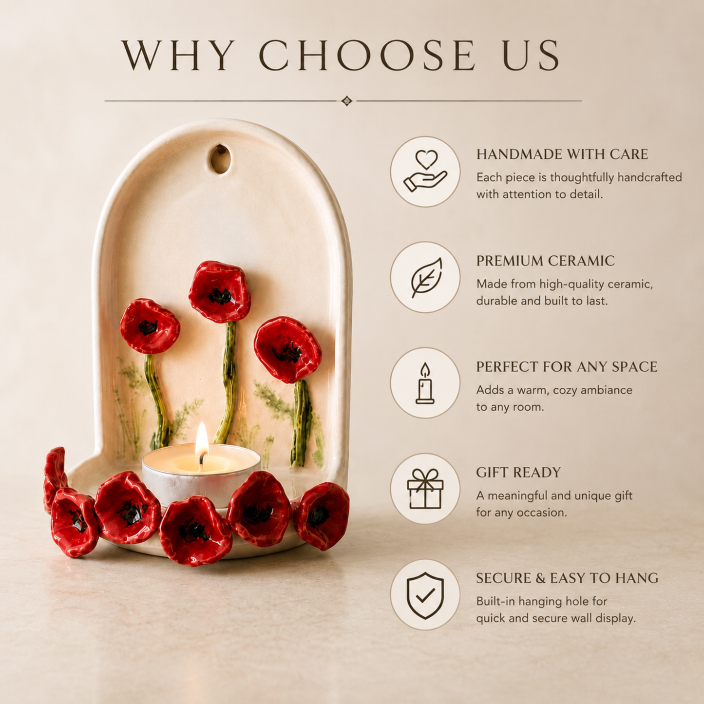 Handmade Ceramic Poppy Flower Wall Tealight Candle Holder - NN04